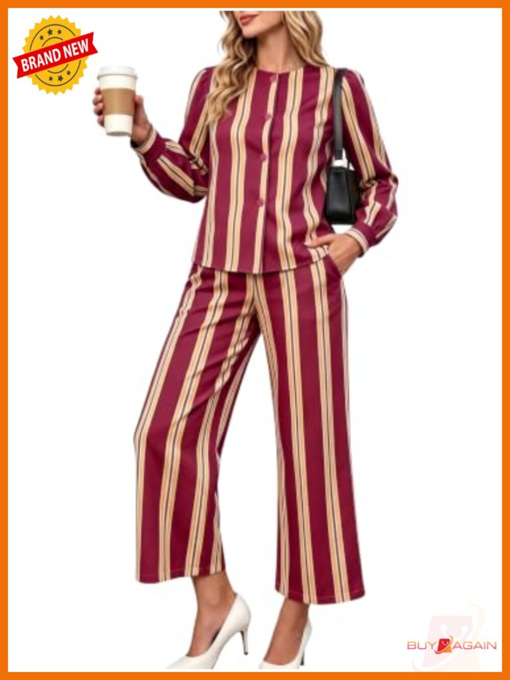 Womens Striped Linen Two Piece Outfit Shirt and Pants Set
